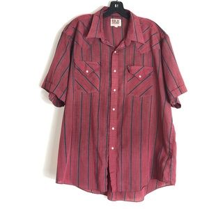 Ely Cattleman Pearl Snap Shirt Mens 17.5 XL Short Sleeve Red Striped Button Up
